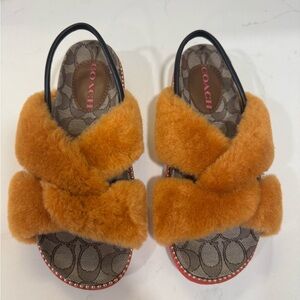 Coach Women's Orange Fur Slippers